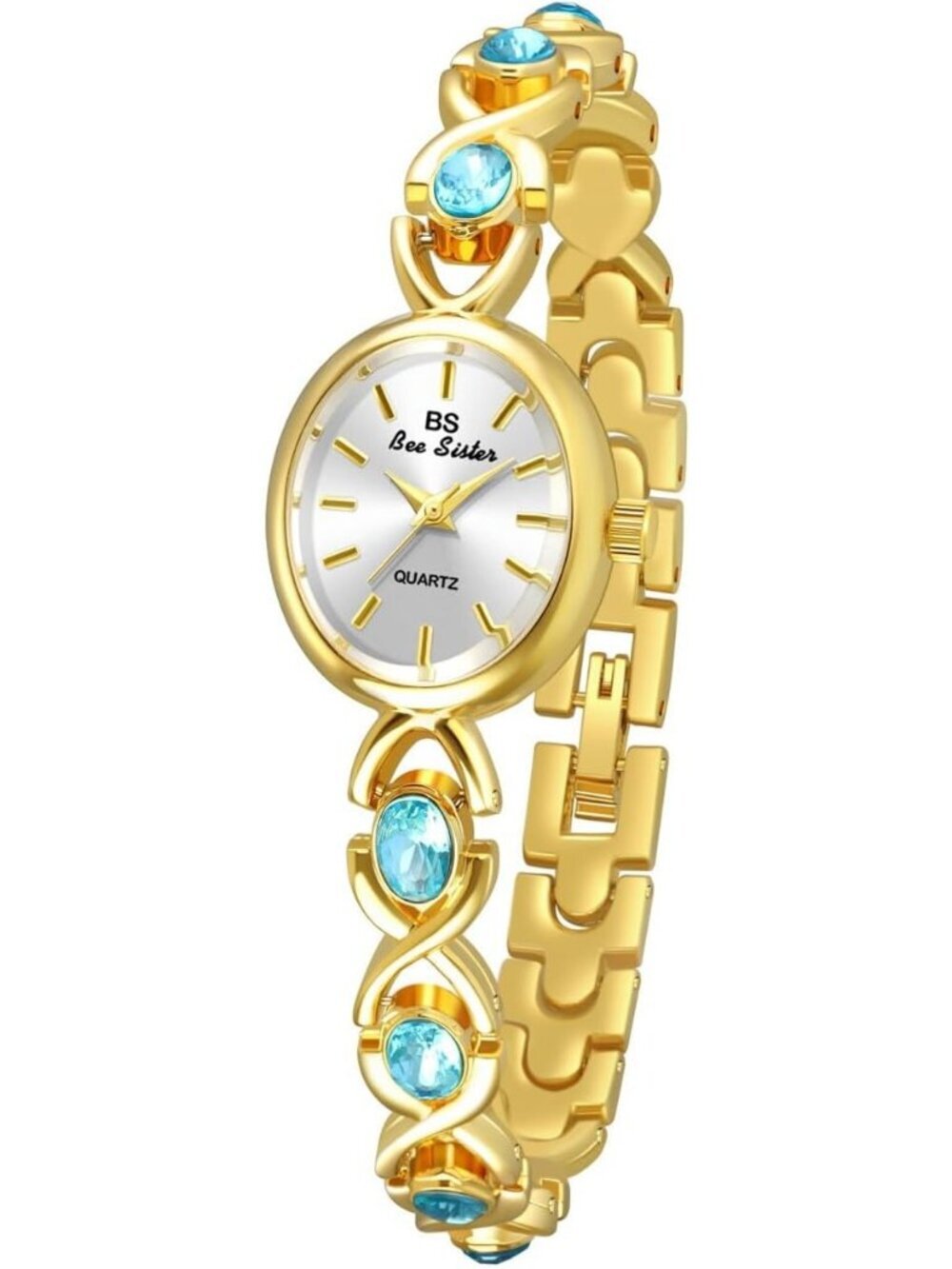 Women's Gold Blue Vintage Bracelet Elegant Jade Oval Dial Quartz Wrist Watch